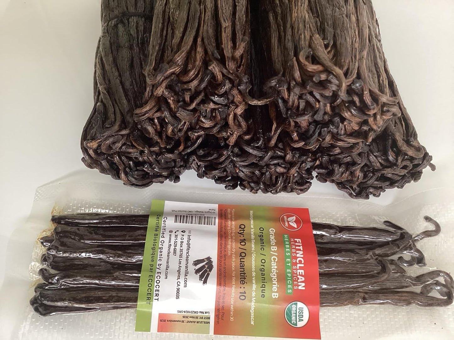 10 Organic Madagascar Vanilla Beans Grade B. Certified USDA Organic 5.5"-7" for Extract and Cooking by FITNCLEAN VANILLA| Whole NON-GMO Bourbon Pods