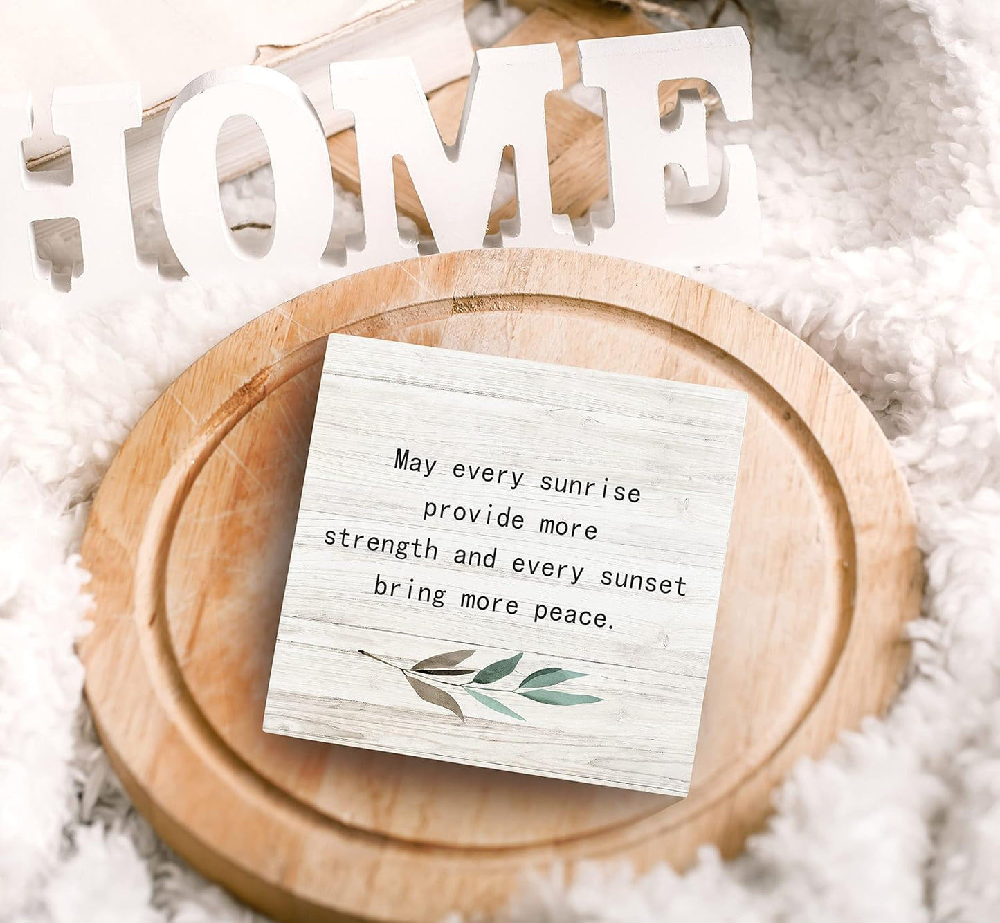 SRADMO May Every Sunrise Provide More Strength and Every Sunset Bring More Peace Wood Box Sign Desk Decor, Rustic Inspirational Wooden Block Box Sign Decoration For Home Office Shelf Table Decor