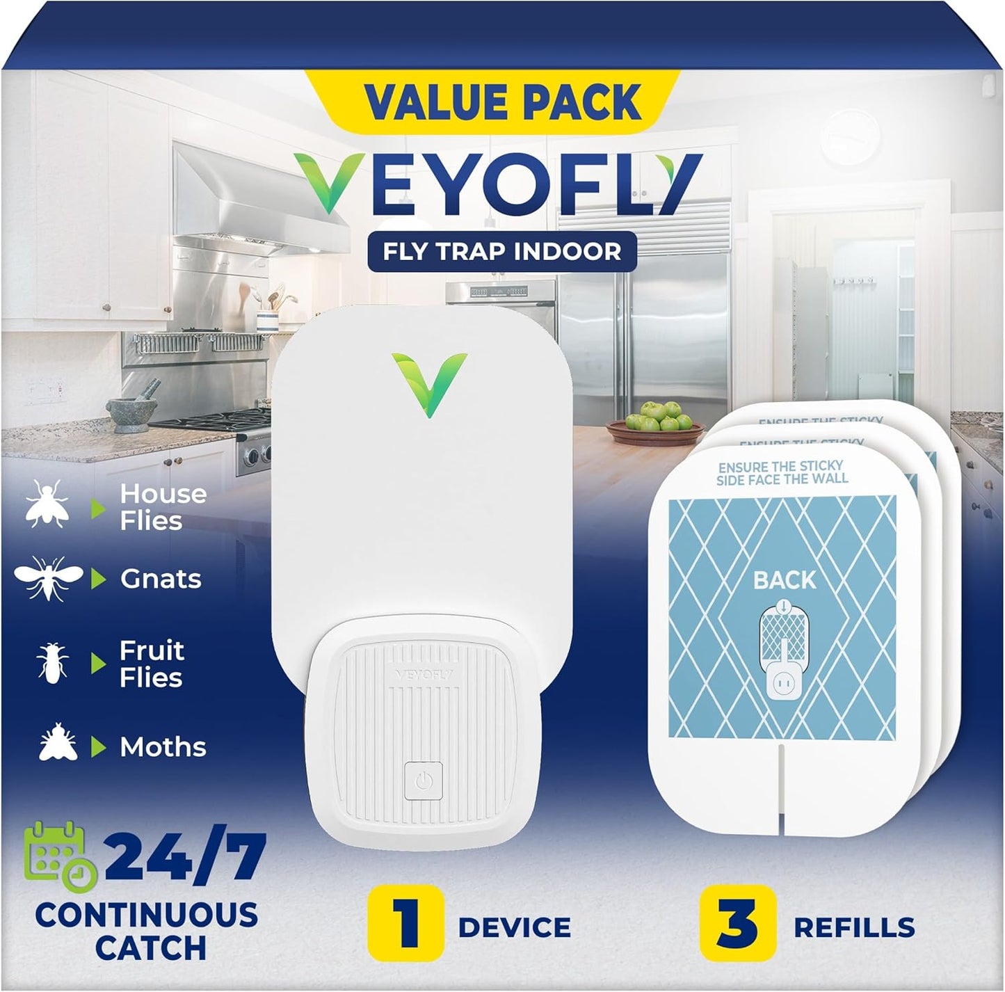 VEYOFLY Fly Trap Indoor, Fruit Fly Traps for Indoors, (1 Device + 3 Refills) Gnat Traps for House Indoor, Fly Catcher Indoor, Plug in Light Flying Insect Trap, Bug Light Killer, Fly Trap