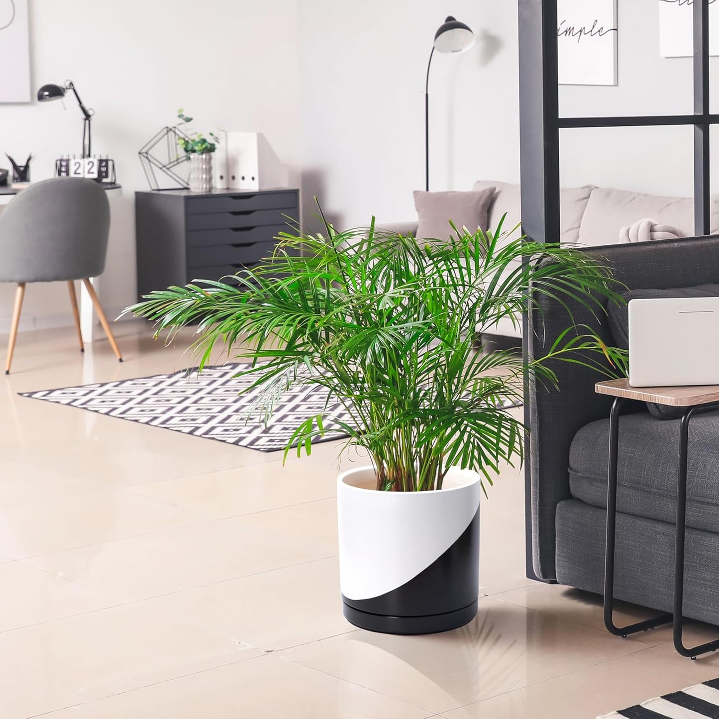 D'vine Dev 12 Inch Ceramic Planter Pot with Drainage Hole and Saucer, Indoor Cylinder Round Planter Pot, Oblique Monochrome Black and White, 94-O-F-K