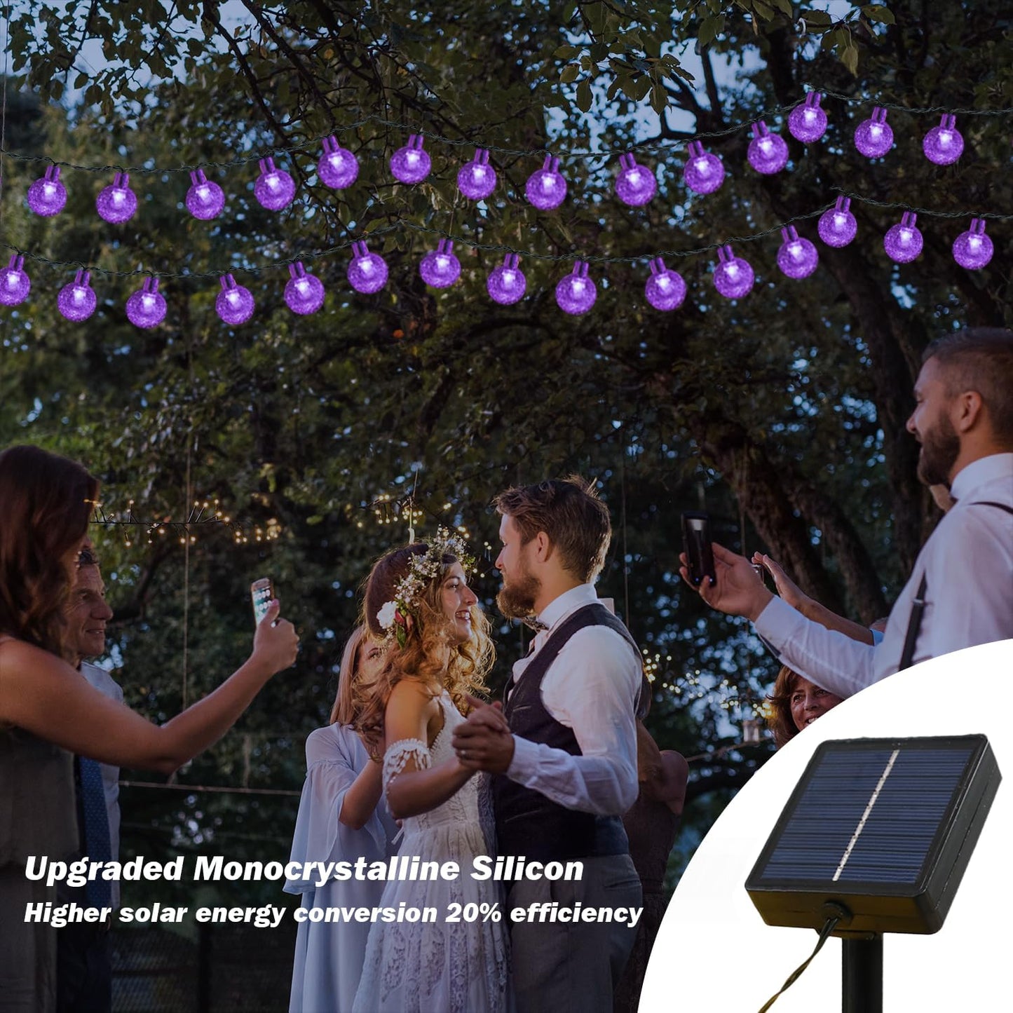 Solar Lights Outdoor Waterproof, 2 Pack Total 200LED 110FT Solar String Lights for Outside with 8 Modes, Outdoor String Lights Crystal Globe Patio Lights for Garden Yard Party Decor(Purple)