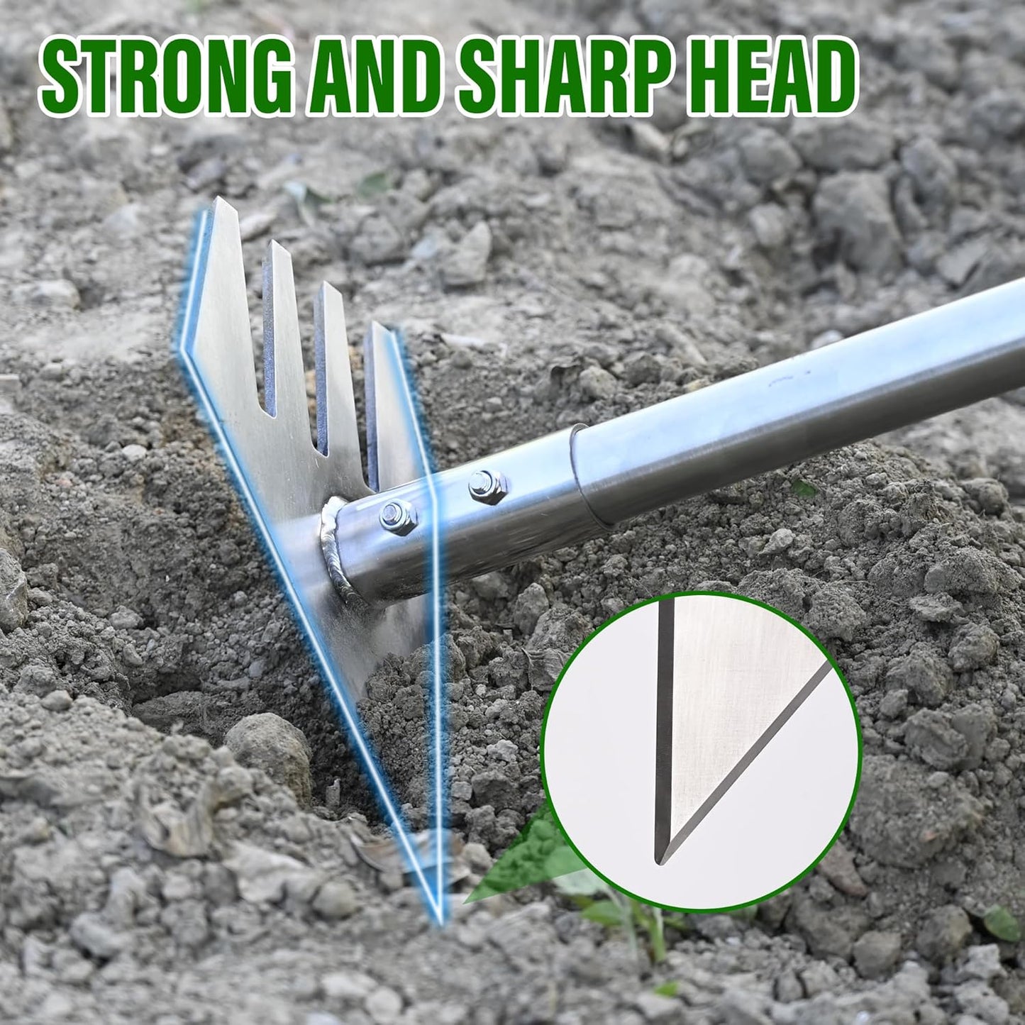 4-in-1 Garden Hoe Tool and Weeder, 56 Inch Ergonomic Long Handle Cultivator with Sharp Stainless Steel Blade, Heavy Duty Garden Hand Tiller for Weeding, Digging, Loosening Soil,Removing Moss