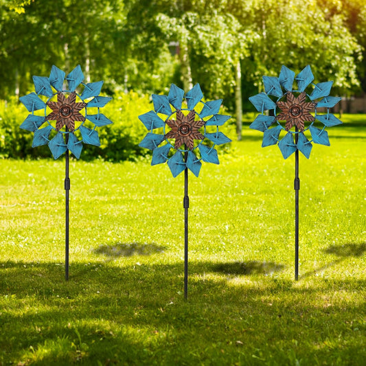 3 Pack Wind Spinners with Metal Stake, 16.3 Inches Yard Garden Sculptures for Outdoor Spring Decoration Lawn Patio Wind Catcher Windmill (Blue Flower)