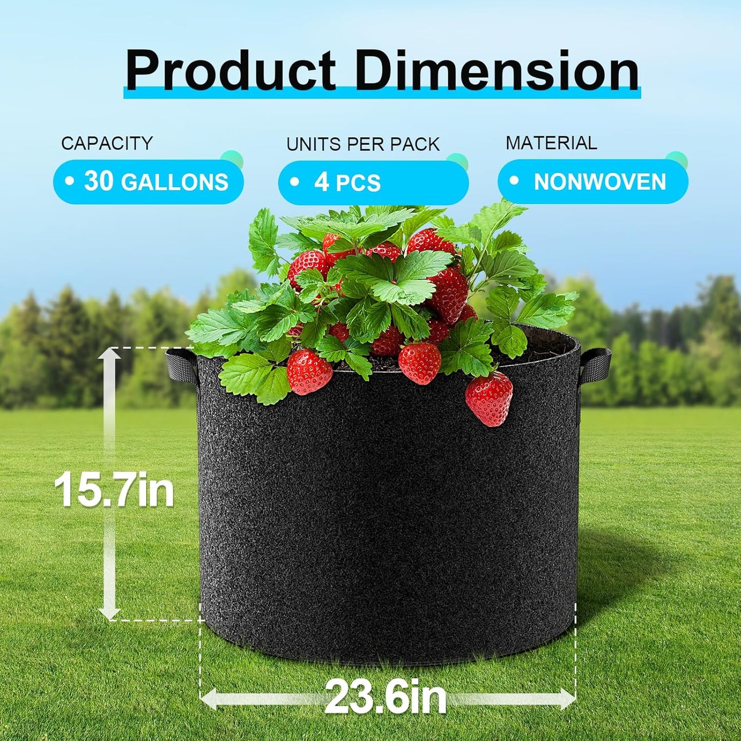 Land Guard 4-Pack Fabric Grow Bags 30 Gallon, Thickened Nonwoven Garden Pots, Growing Bags with Handles, Black