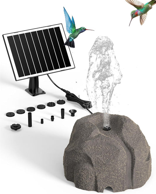Solar Fountain for Bird Bath with Dry Run Protection Solar Powered Bird Bath Pump with 10 Nozzles,Resin Granite Rock Bird Fountain for Outdoor Water Features,Ponds,Can Cloudy Day Use