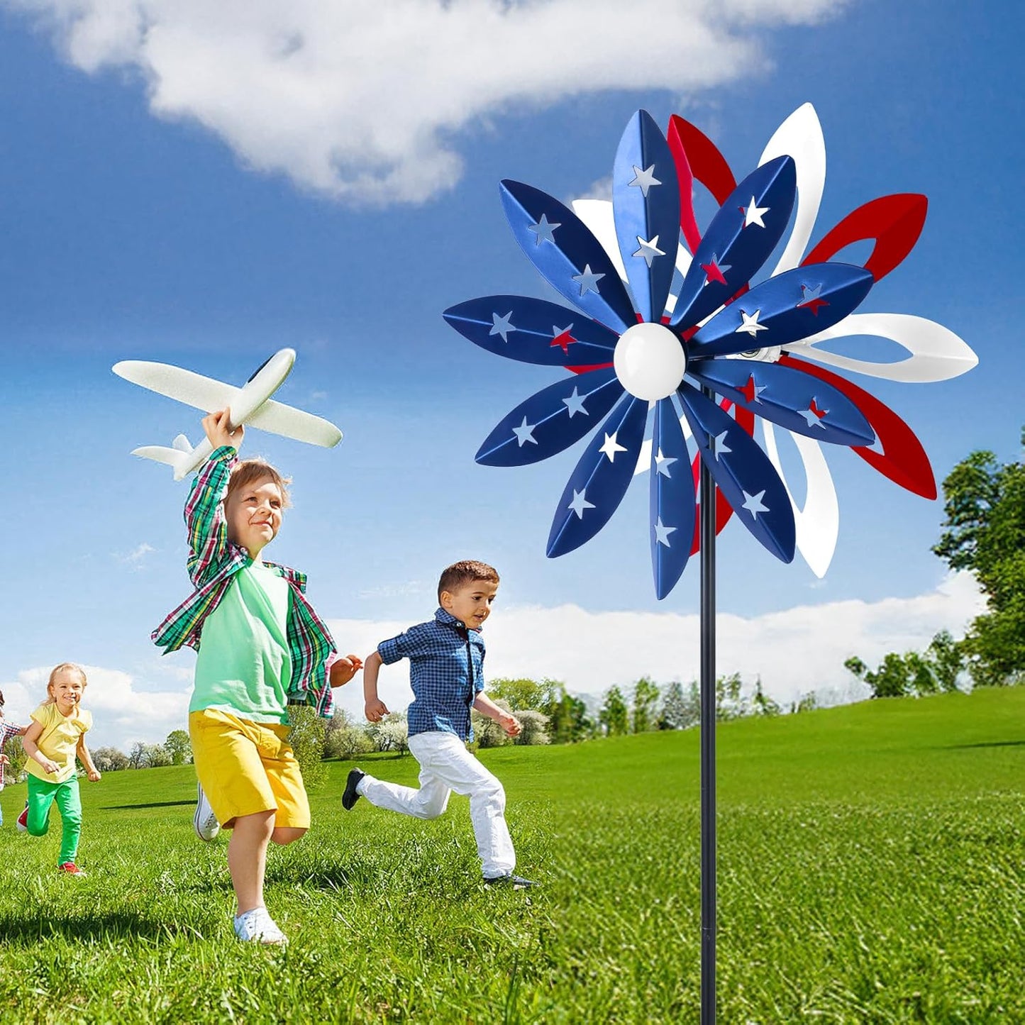 60 inch Kinetic Metal Wind Spinner,Two-Ways Hanging Wind Sculptures with Garden Stake,360 Degrees Kinetic Wind Spinners for Yard and Garden