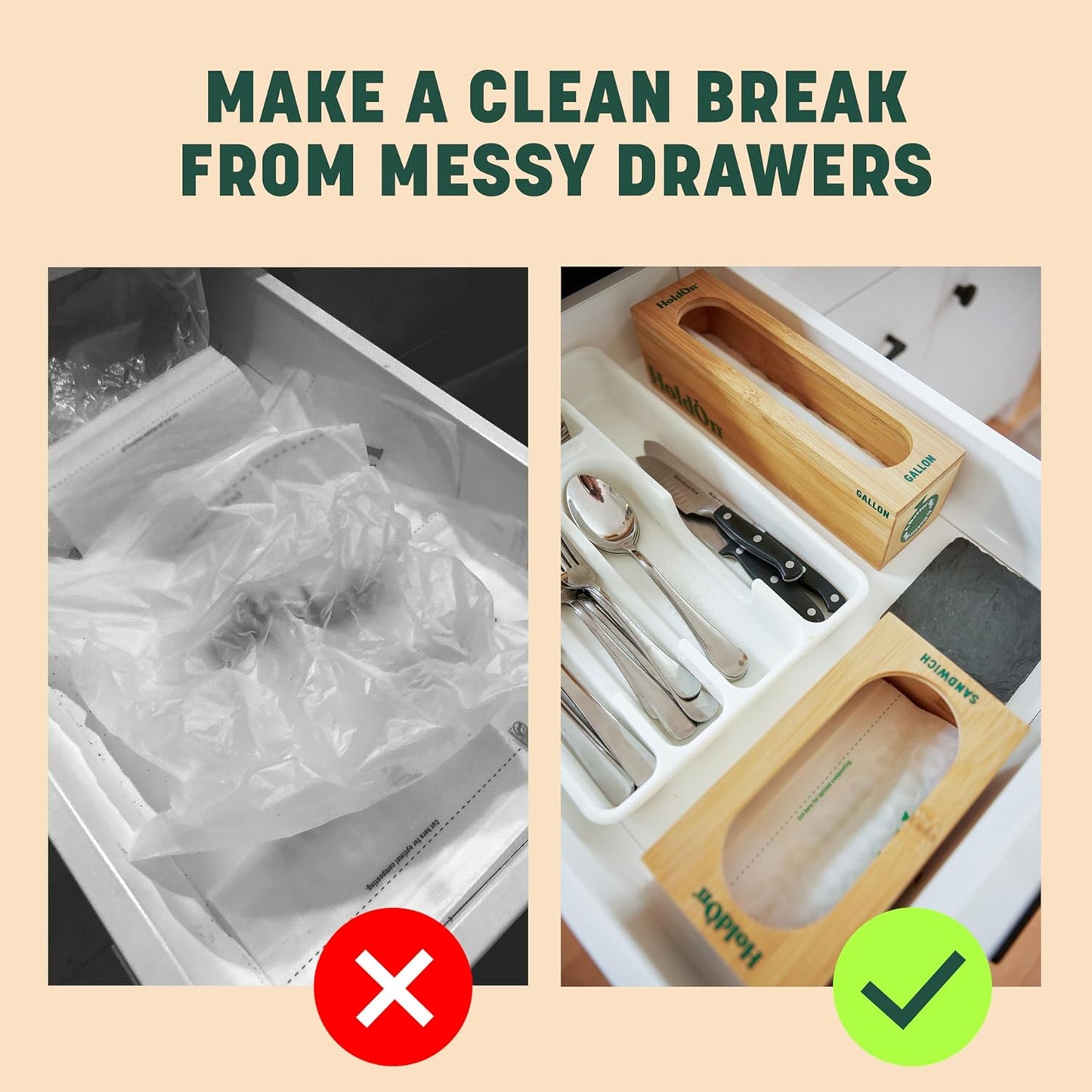 HoldOn Bamboo Gallon Bag Holder - Bamboo, Simple, Individual Organizer, Extra Thick - Food Storage Bag Holder, Space Saving, Renewable Material, Clutter Free