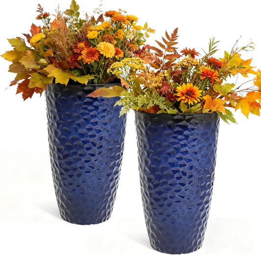23.75" H Large Tall Outdoor Planters, Set of 2 Plastic Large Flower Pots for Outdoor Plants, Gradient Cobalt Blue Honeycomb Textured, Weather-Resistant for Porch, Garden, Patio or Indoor Use