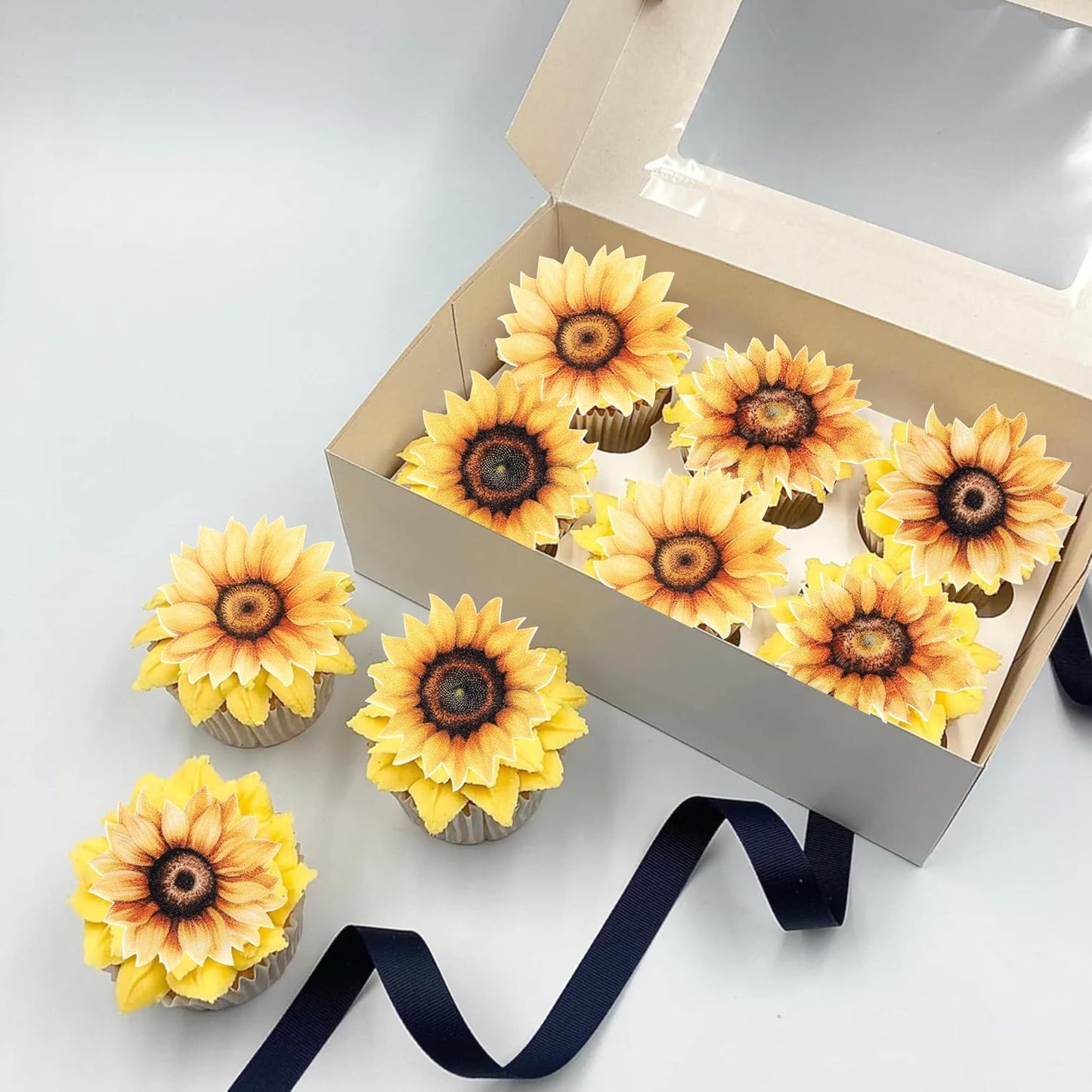 60 PCS Edible Sunflower Cupcake Toppers Wafer Paper Flowers Cake Decorations Edible Sunflower Party Decorations for Baby Shower Sunflowers Birthday Party Cake Toppers Food Decorations Supplies