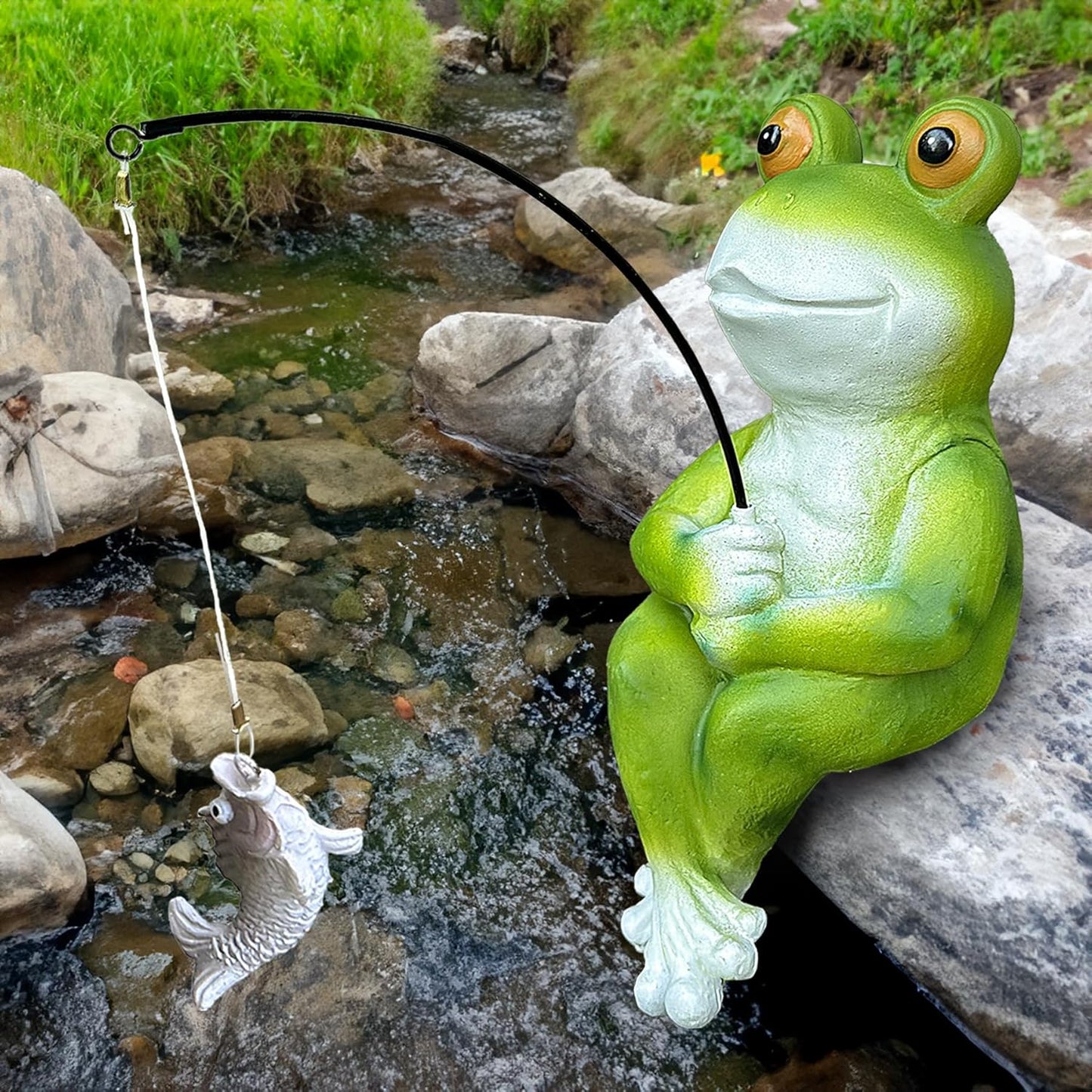 9.5" Frog Fishing Garden Sculptures & Statues, Stone Look Sculpture, Whimsical Lawn Yard Art, Funny Pond Fisherman Statue, Resin Animal Decorative Figurine, for Frog Fishing Lovers