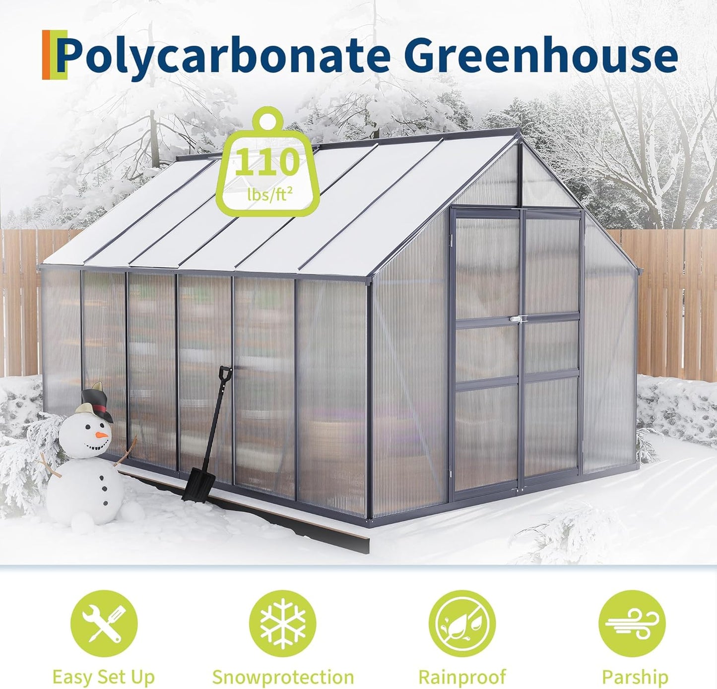 8*12 FT Outdoor Walk-in Greenhouse, Polycarbonate Green House, Heavy Duty Greenhouse with Vented Roof Window, Windproof Aluminum Frame, Suitable for Outside Gardening, Backyard, Patio