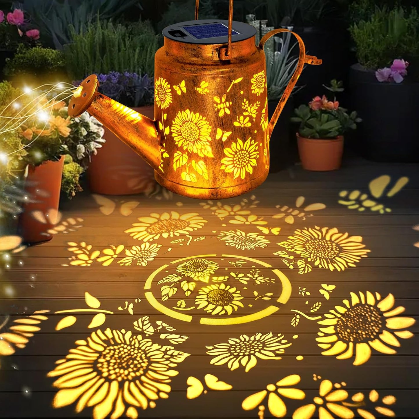 Solar Lights Outdoor Waterproof, Sunflower Solar Watering Can Lights with Shepherd Hook, Metal Hanging Lantern Garden Decor Yard Outside Patio Lawn, Gifts for Mom Grandma Women Birthday