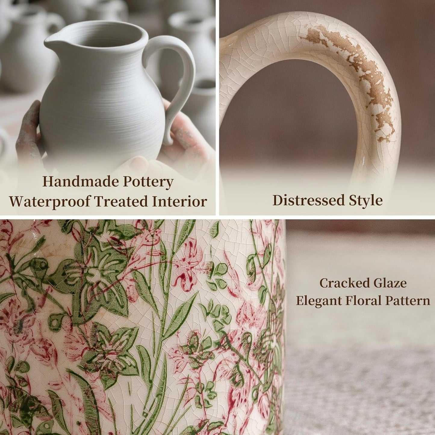 Vintage Pink and Green Floral Pitcher Vase with Handle, Ceramic Farmhouse Flower Vase French Country Decor, Rustic Table Centerpiece, Grand Millennial Tuscan Home Decor for Living Room, Bookshelf