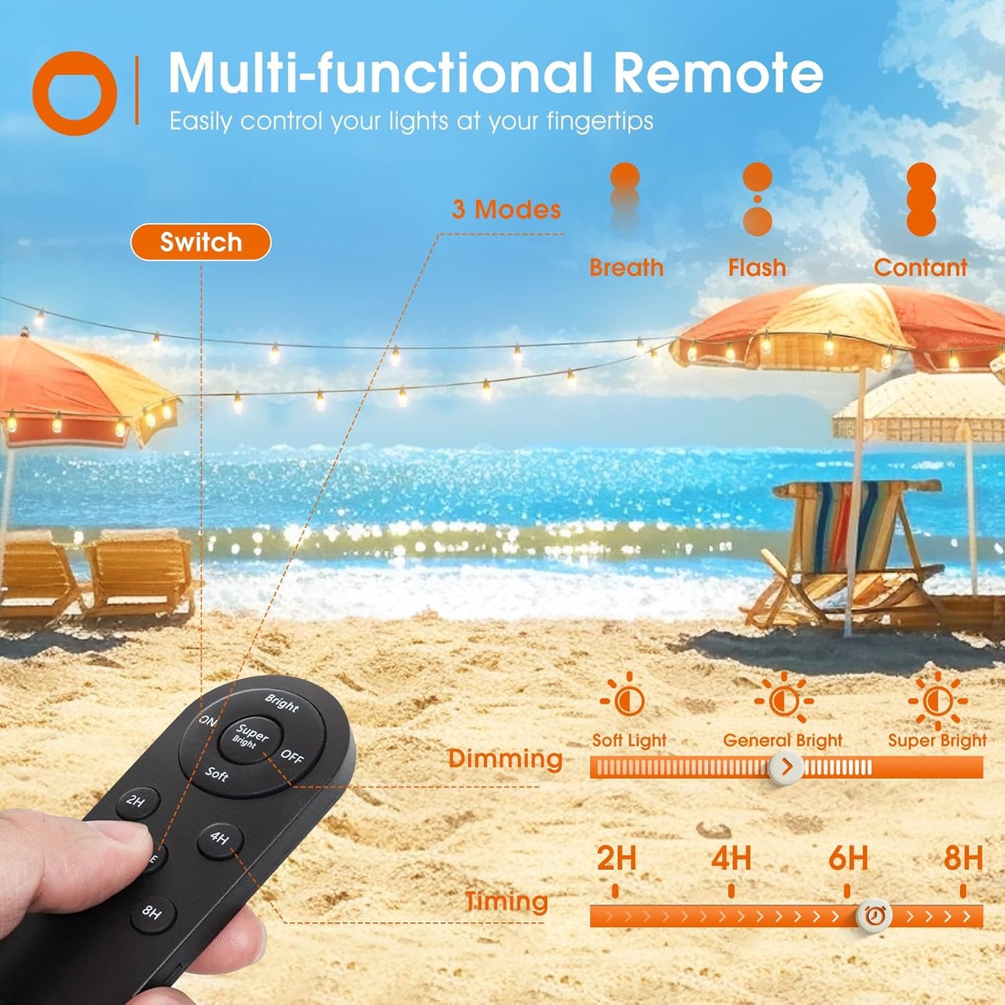 addlon 200FT(192+8) Solar String Lights Outdoor Waterproof with 6W Panel USB & Remote Control Patio Lights Long Last for 20+Hrs Dimmable Solar Power LED Bulbs for Porch Garden Market Bistro Backyard