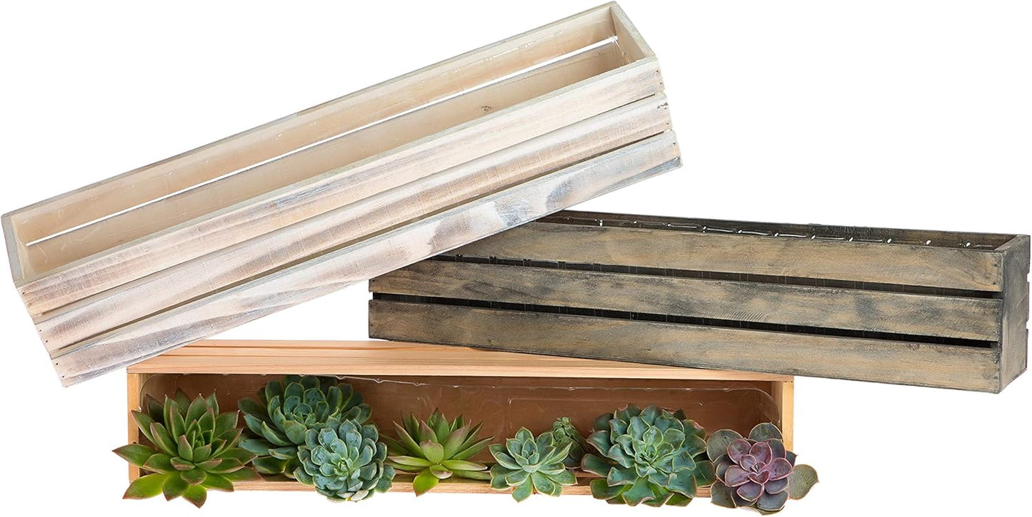 20" Rectangular Rustic Wood Planter with Plastic Liner l Rustic Whitewash l Wine Crate Style, Home and Wedding Decorations, Garden Ornaments (20x4 Wine Crate Set of 2, Whitewash)