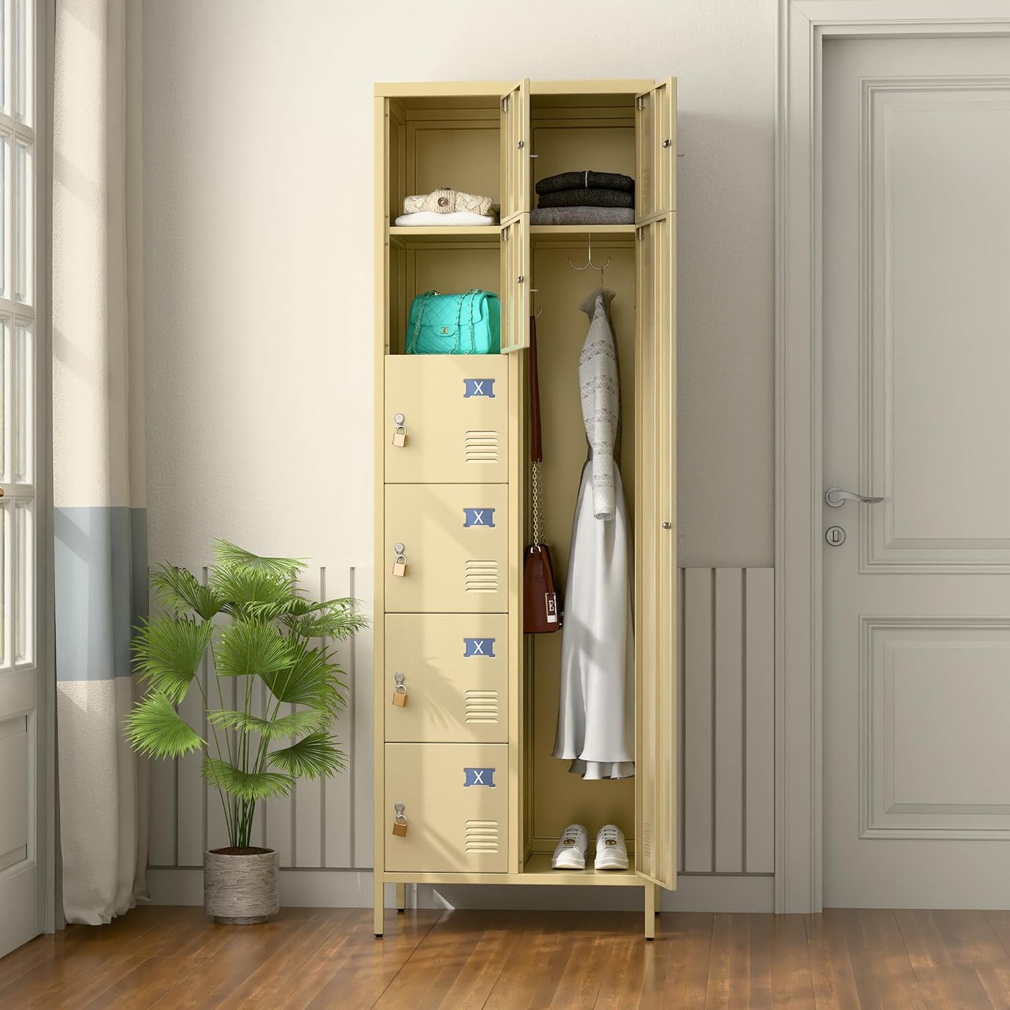 72" H Metal Storage Lockers with Doors and Rod,Industrial Combination Employee Lockers for Office,Home Gym,School,Assembly Required,7+1Doors,Camel