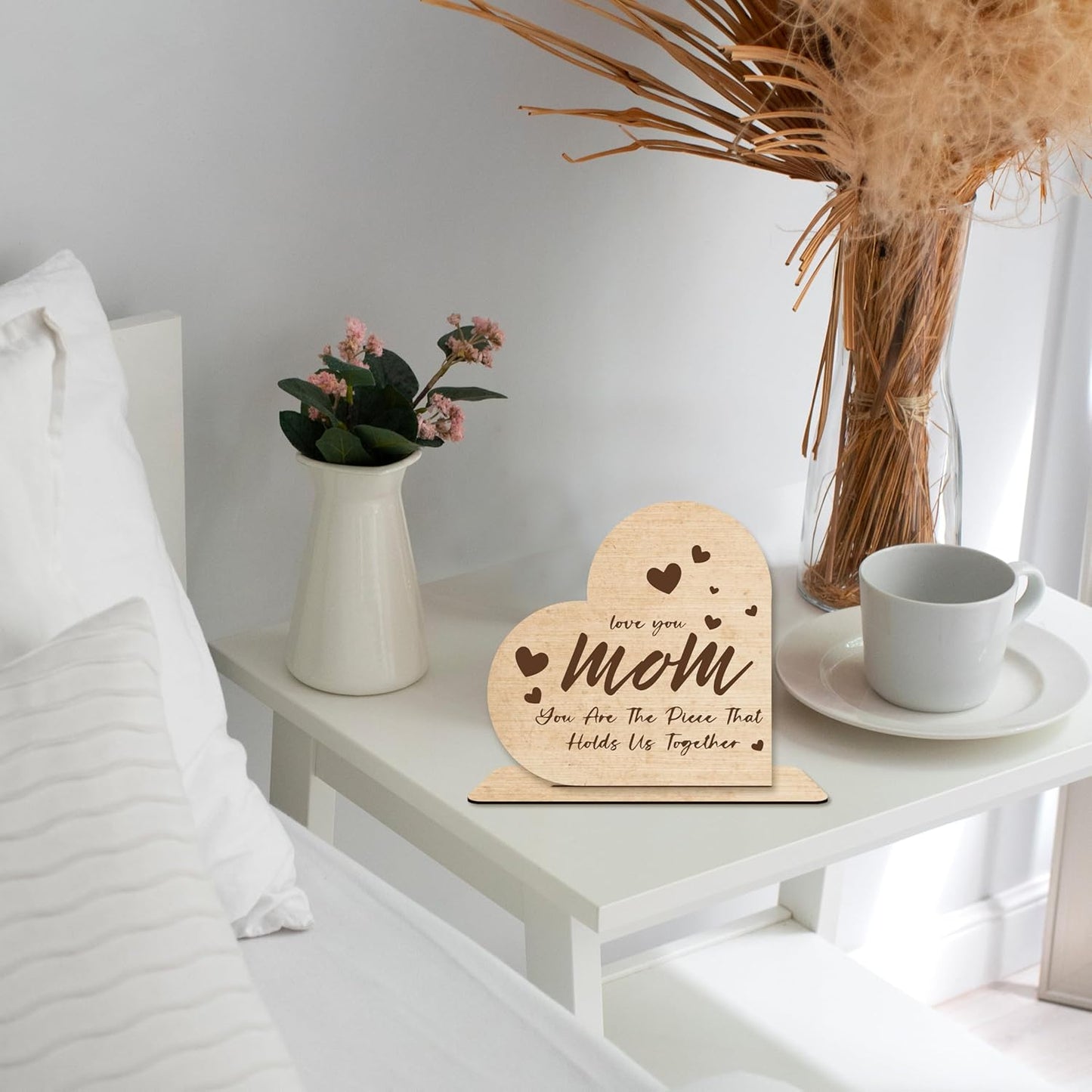 Mom Gift – “You Are The Piece That Holds Us Together” Heart-Shaped Wooden Plaque, Rustic Desk Decor, Sentimental Wooden Sign for Mother.(050)