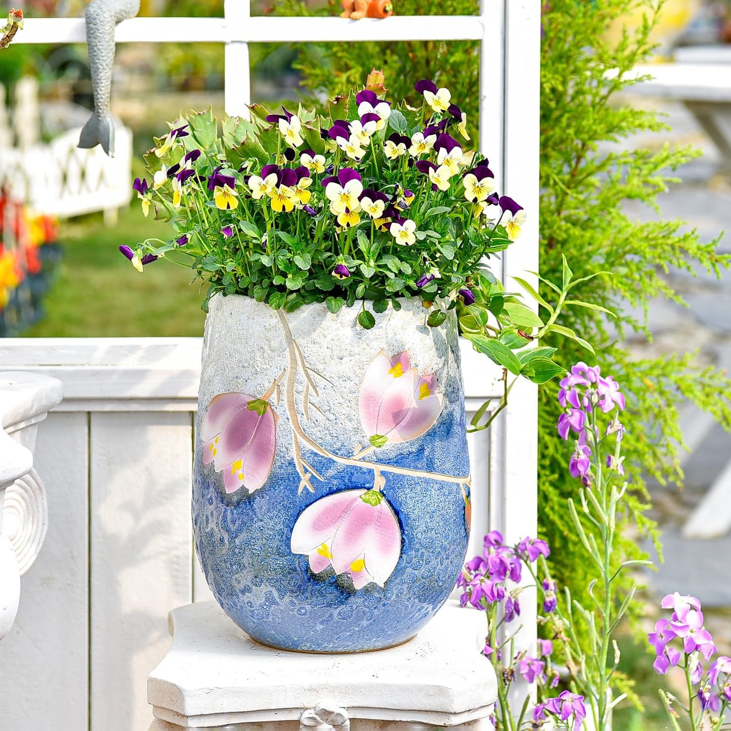 Sungmor 10.6 Inch Ceramic Succulent Plant Pot with Drainage Hole, Hand Painted Flower Pots for Plants, Unique Texture Decorative Planter for Indoor and Outdoor, Pottery Vase for Home Office Decor