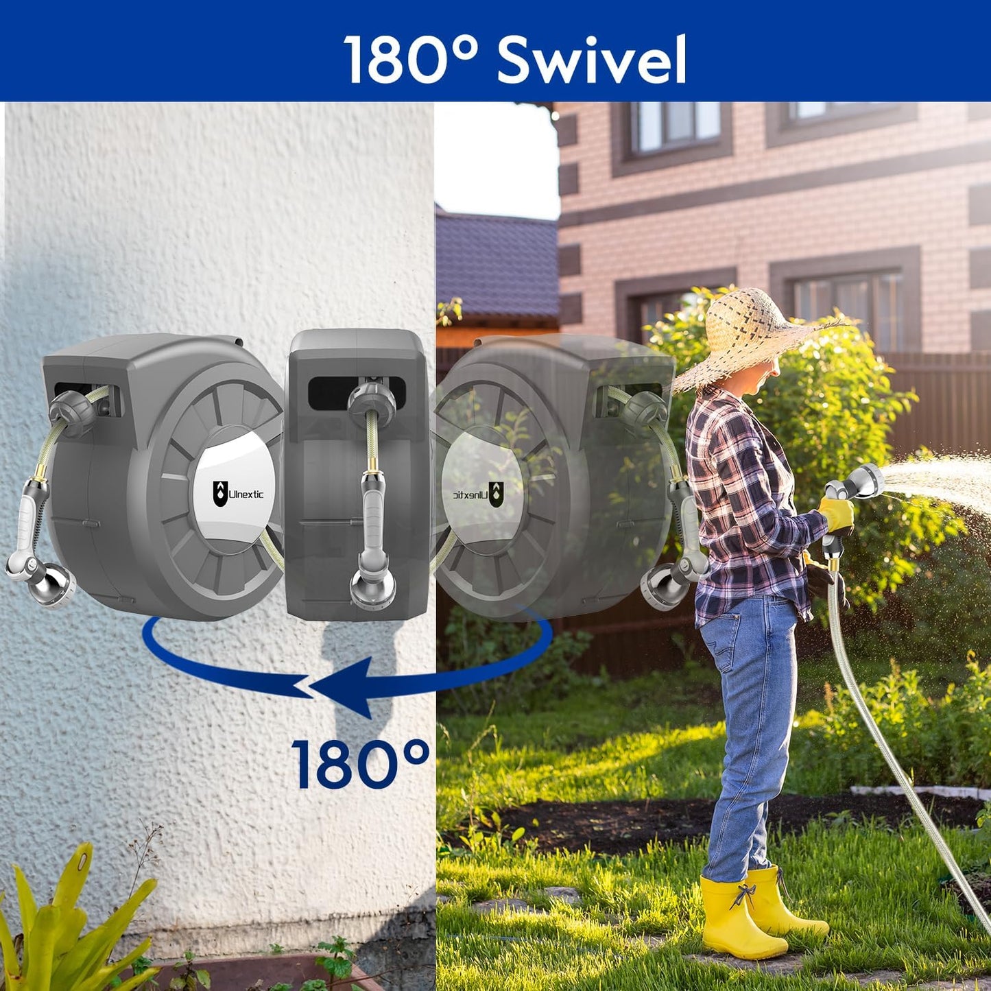 Retractable Garden Hose Reel, 1/2 in x 100 ft Wall Mounted Hose Reel, 10-Pattern Spray Nozzle, Any Length Lock/Slow Return System/Wall Mounted/180°Swivel Bracket