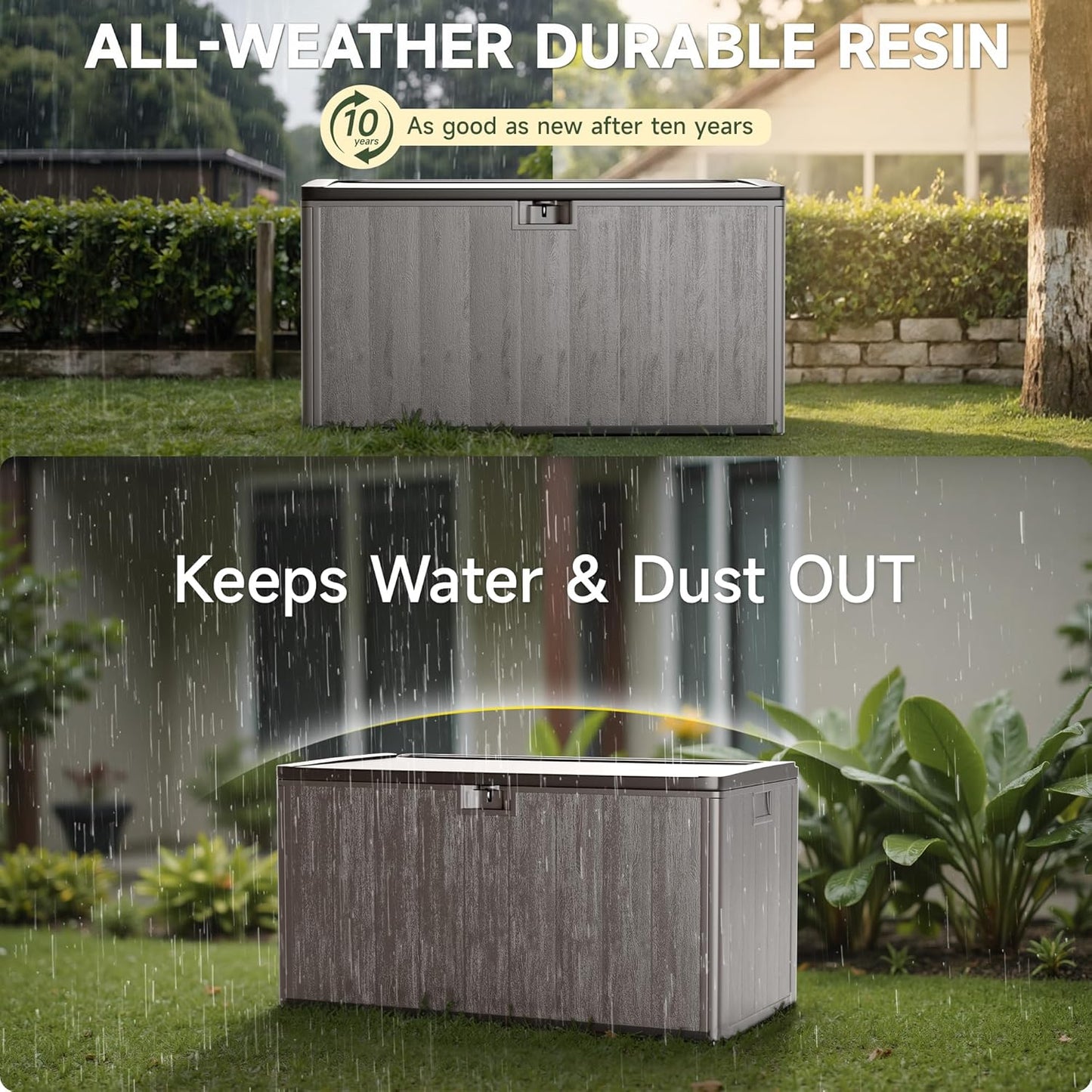 120 Gallon Deck Box, Double Layer Waterproof Resin Outdoor Indoor Storage Box, Lockable & UV Resistant Storage Bin for Patio Furniture, Garden Tools, Pool Accessories (Brown)