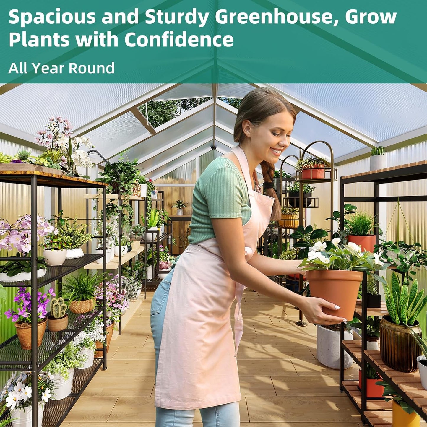 8x12 FT Greenhouse for Outdoors, Large Aluminum Greenhouses with Roof Vent and Quick Setup Structure, Greenhouse Heavy Duty with PC Panels, Walk-in Green Houses for Winter Garden,Backyard,Patio,Lawn