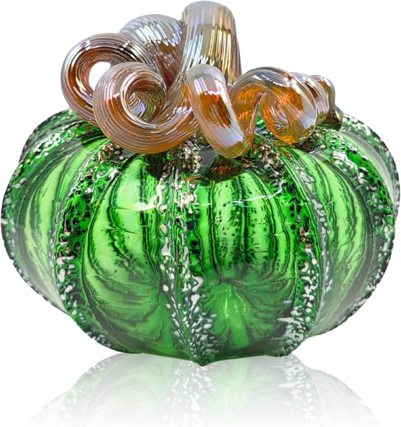 Luke Adams Glass | Handmade Glass Pumpkins | Handmade Table Top Home Decor (Squat, Green Tinsel)