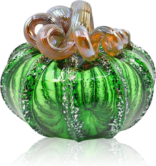 Luke Adams Glass | Handmade Glass Pumpkins | Handmade Table Top Home Decor (Squat, Green Tinsel)