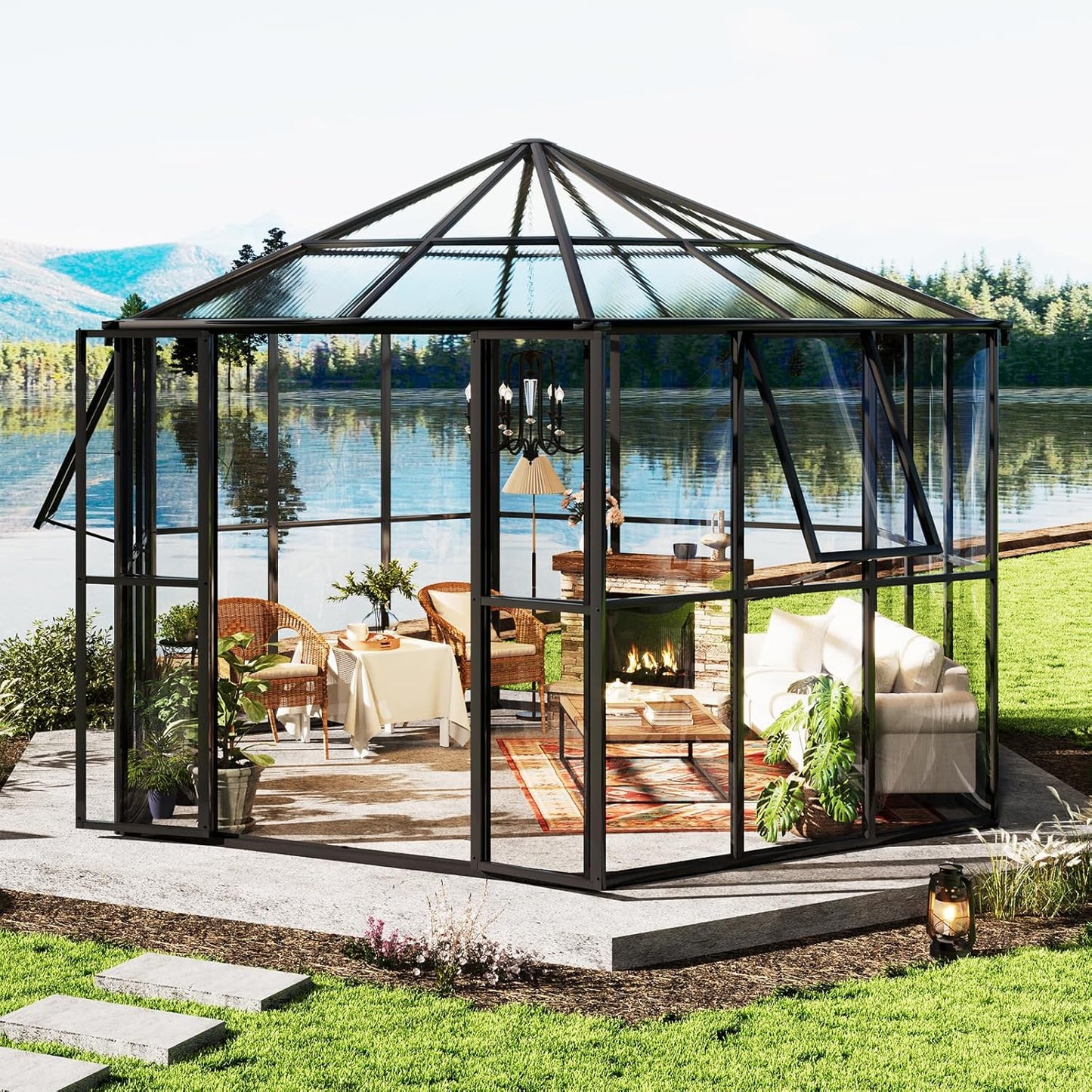 AMERLIFE 12x10x8 FT Hexagonal Hybrid Polycarbonate Greenhouse for Outdoors, Quick-Connect Assembly, Aluminum Frame with Ventilation and Rain Gutter for Backyard Garden, Black