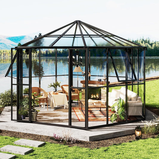 AMERLIFE 12x10x8 FT Hexagonal Hybrid Polycarbonate Greenhouse for Outdoors, Quick-Connect Assembly, Aluminum Frame with Ventilation and Rain Gutter for Backyard Garden, Black