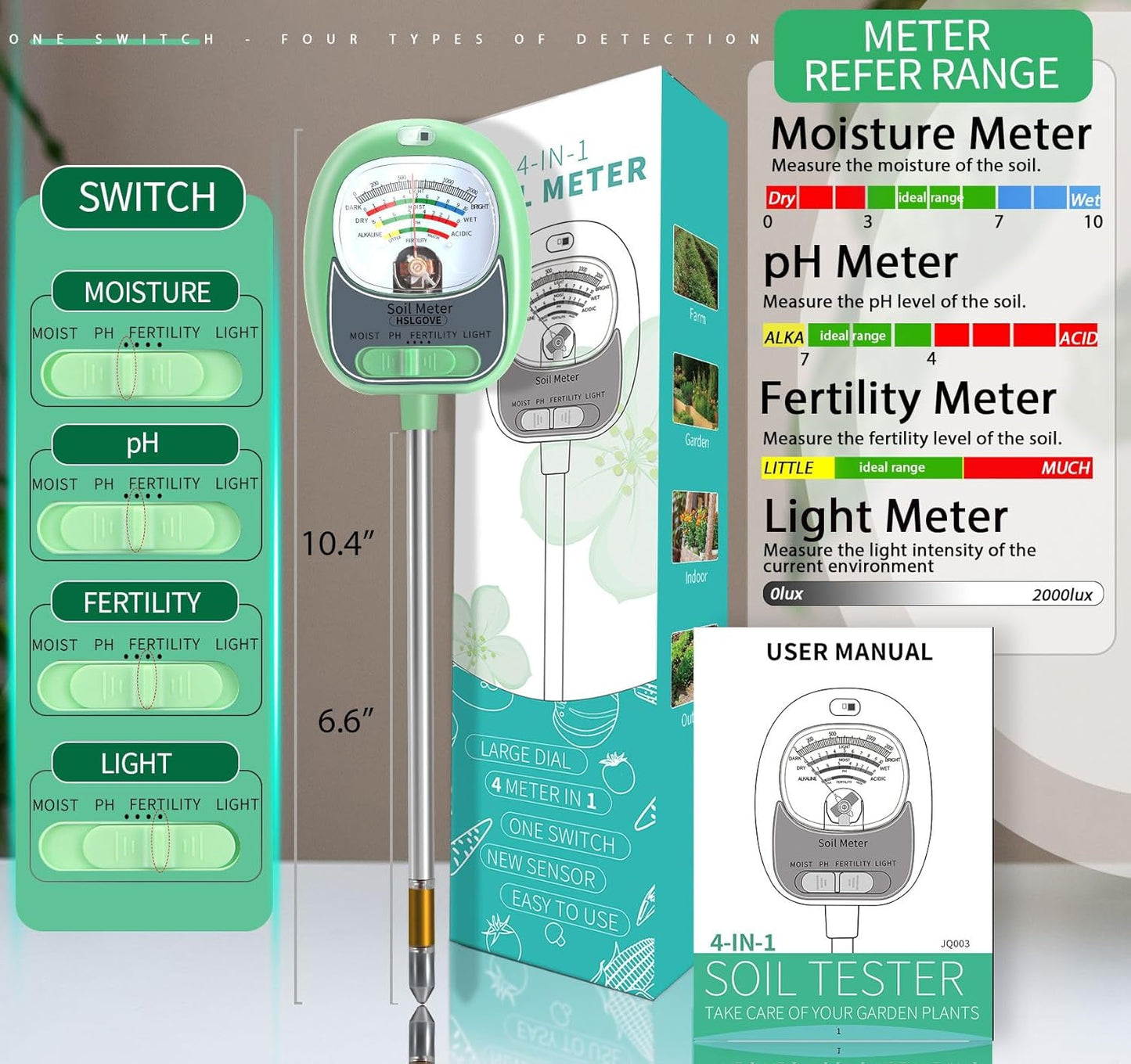 HSLGOVE 4-in-1 Soil Test Kit – Soil Moisture Meter, pH, Fertility & Sun-Light, No Battery Required, Large Dial Soil Tester for Indoor & Outdoor Gardening, Lawn, Farm – BabyGreen