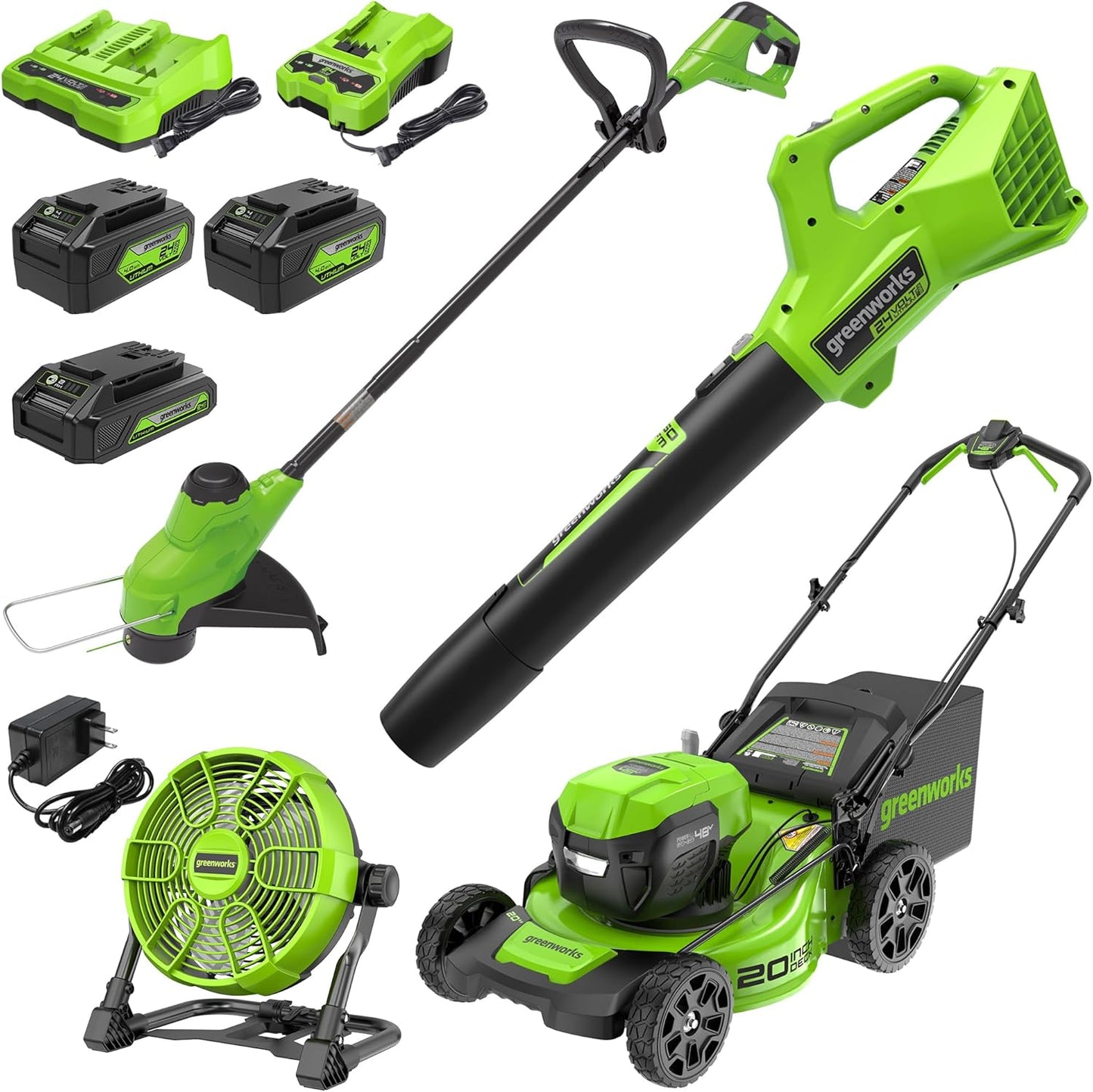 Greenworks 48V (2x24V) Lawn Mower Combo Kit with 20" Steel Deck, 12" String Trimmer, 320 CFM Blower, 10" Fan (500 CFM) – All-in-One Cordless Combo: Ideal for Home Yard Work & Indoor Cleaning