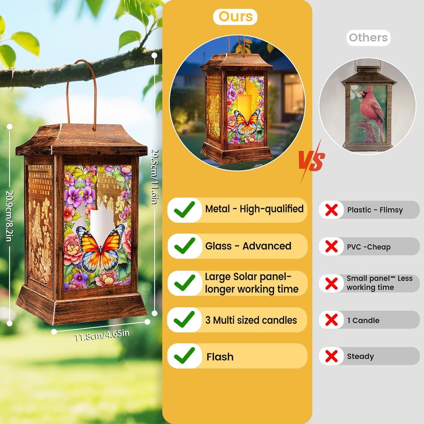 Butterfly Solar Lanterns Outdoor Waterproof, Metal & Glass Hanging Lights Garden Decor, Birthday Gifts for Women Mom Grandma Mothers Day, Decorative Lights for Outside Yard Patio Backyard Porch