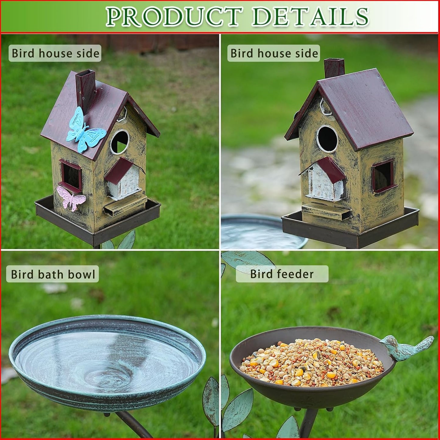 38" H Cast Iron Pedestal Bird Baths for Outdoors,3 in 1 Metal Bird Bath Bowl with Bird Houses and Bird Feeder,Garden Yard Decor