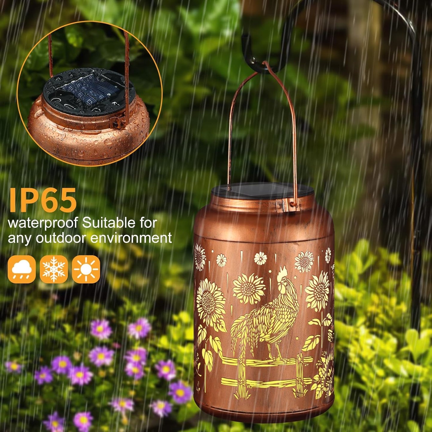 Solar Lanterns Outdoor Waterproof Hummingbird Garden Decor Christmas Gifts for Women Mom Grandma Hanging Lights Metal Decoration Outside for Yard, Patio,Backyard,Porch(Rooster)