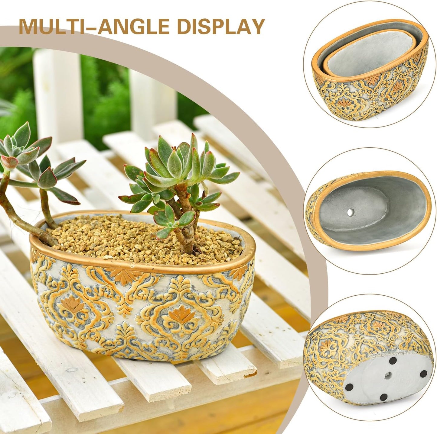 Sungmor Cement Planter Set of 2, 6.7 Inch & 8.6 Inch, Succulent Pots with Drainage Hole, Embossed Design, Indoor Outdoor Use, Cactus Plant Container