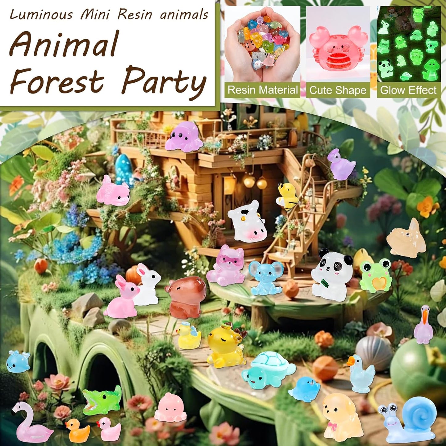 52Pcs Luminous Mini Resin Animals 52 Styles Miniature Glow in the Dark Resin Animal Figures to Hide Tiny Small Little Ducks Turtles Dinosaurs and Frogs for Micro Landscape Dollhouse Fairy Garden Decor