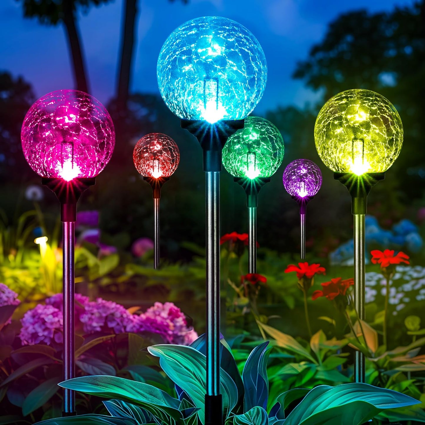 Gigalumi Solar Garden Lights 6 Pack, Solar Globe Lights Outdoor Waterproof, Solar Lights Outdoor Decorative for Yard, Multi-Colored Changing Garden Globes Cracked Glass Ball with LED Lights