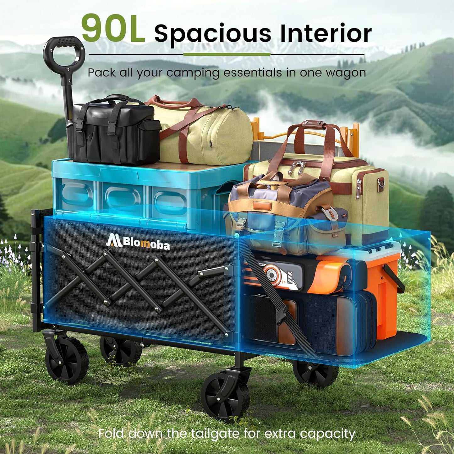 220LBS Foldable Wagon with All-Terrain Wheels, Portable Wagon Cart with Extended Tailgate, Adjustable Handle, Utility Cart for Camping, Shopping, Garden, Sports, Grocery, Black