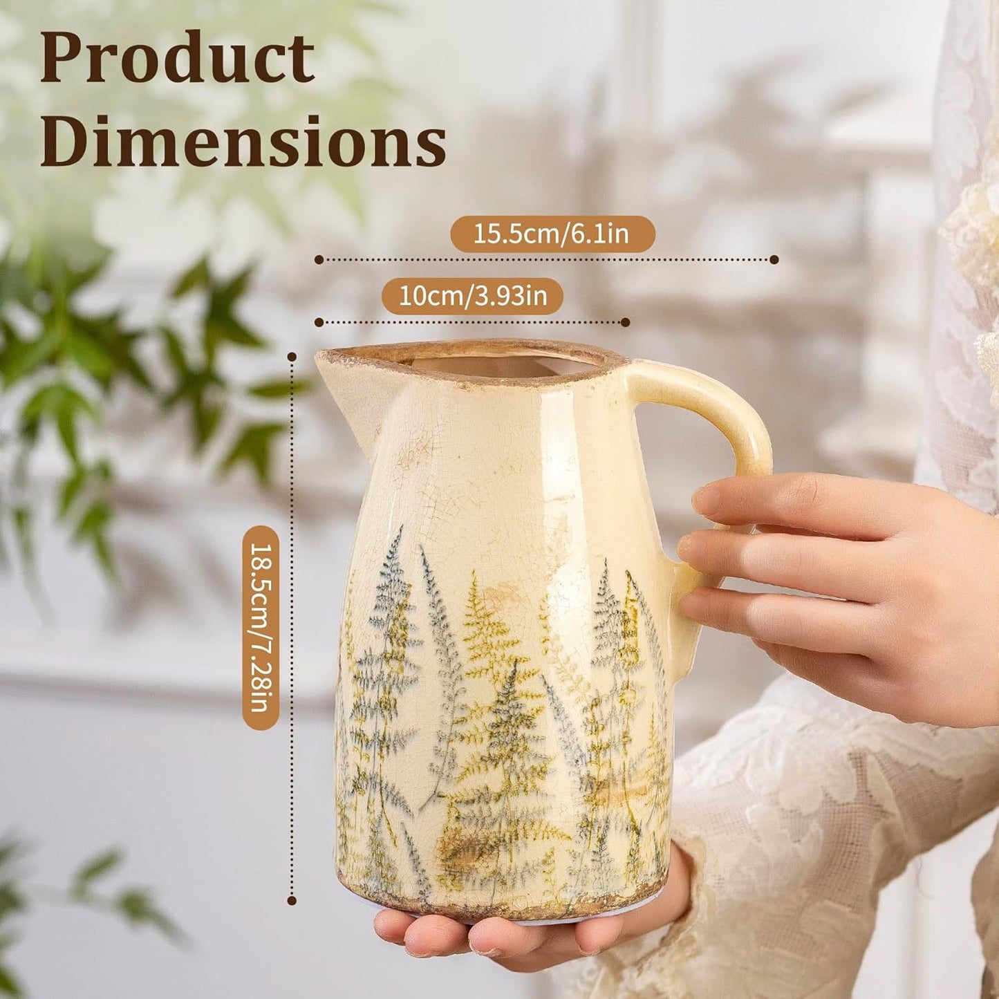 Vintage Ceramic Pitcher Vase with Handle, Farmhouse Green and Purple Large Floral Vases, French Country Decorative Vase, Rustic Table Centerpiece for Home Decor, Bookshelf, Office 7.3 Inch