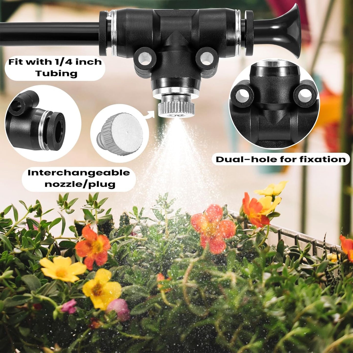 48 Pcs Brass Misting Nozzles Kit,0.012 Orifice (0.3 mm) 10/24 UNC Mister Nozzles 1/4 Inch Sliding Lock Tees for Outdoor Cooling System 20 Misting Tees,20 Spray Nozzles,4 Brass Plugs,4 Black Plugs