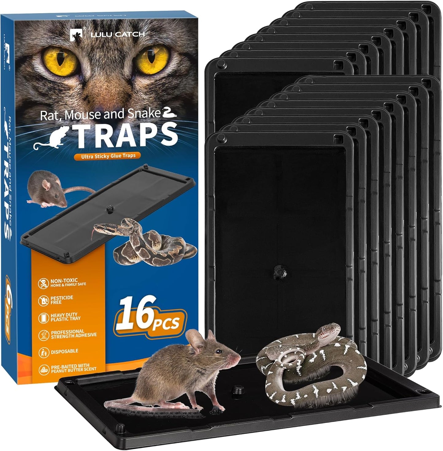 LULUCATCH Sticky Mouse Trap, 16 Pack Large Glue Traps, Pre-Baited Heavy Duty Non-Toxic Bulk Glue Boards Mouse Traps Indoor for Mice, Snakes, Rat, Insects, Cockroaches & Spiders, Pet Safe Easy to Use