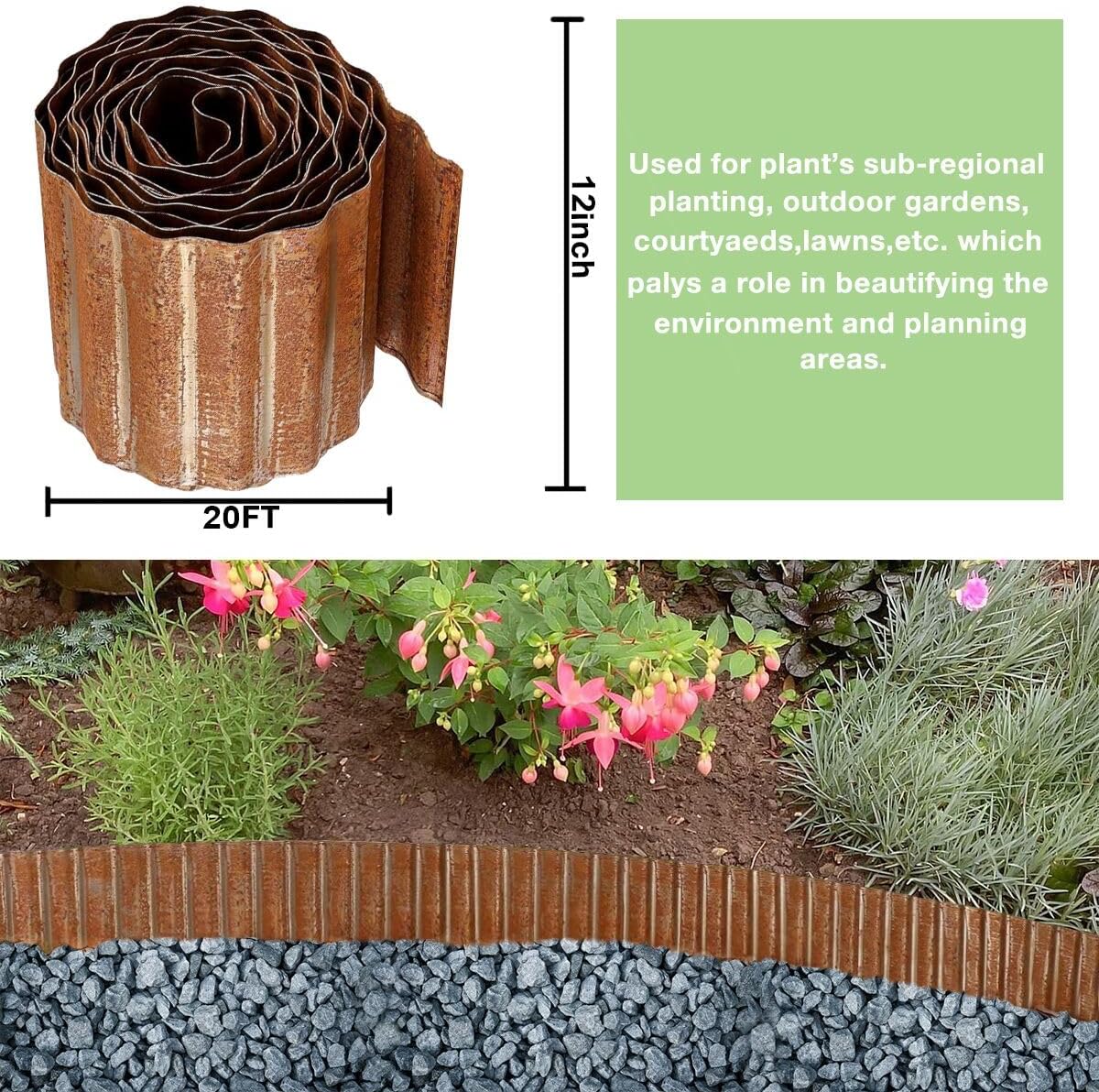 Landscape Edging Border 12inch x 20ft- Corrugated Metal Garden Edging - Lawn Edging Borders - Galvanized Edging Long Strips Yard Border for DIY Flower Beds, Plants, Walkways-Brown