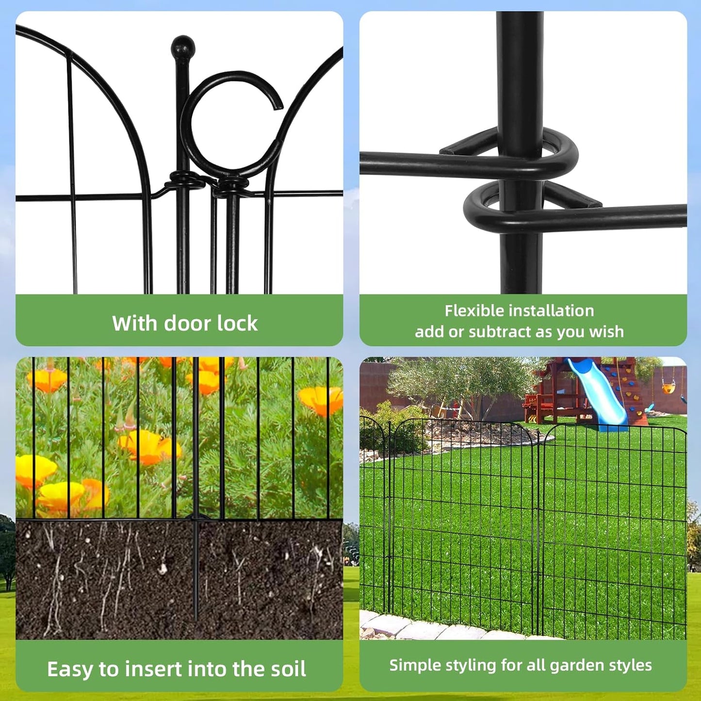5 Panels No Dig Decorative Garden Fence with Gate for Yard, Total 11.8 ft(L) X 40 in(H) Animal Barrier Fencing for Dog, Patio Rustproof Metal Wire Panel Border, Temporary Tall Fence with Ground Stakes