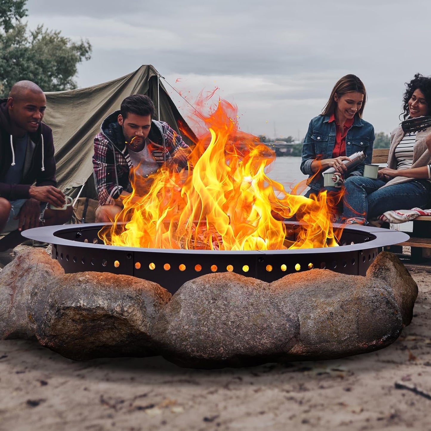 42 inch Fire Ring, Large Round Firepit Insert,Fire Pit Ring for Camping, Wood Burning Fire Pit for Yard,Garden,Outdoor Fireplace, DIY Fire Rings for Outside