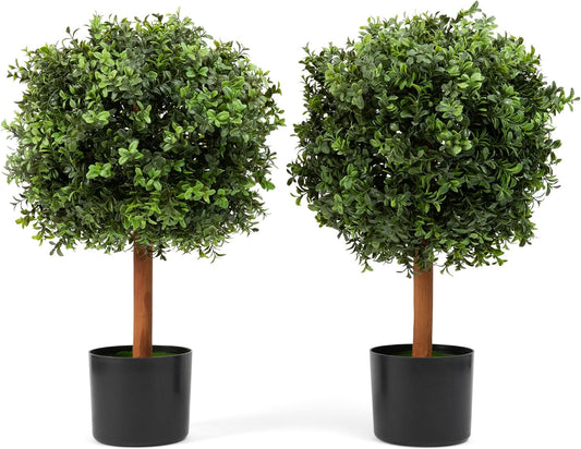 Premium 14" Diameter Artificial Boxwood Topiary – Set of 2 Faux Plants in Black Decorative Planters – UV-Resistant, Weatherproof, Realistic Outdoor & Indoor Greenery Accent
