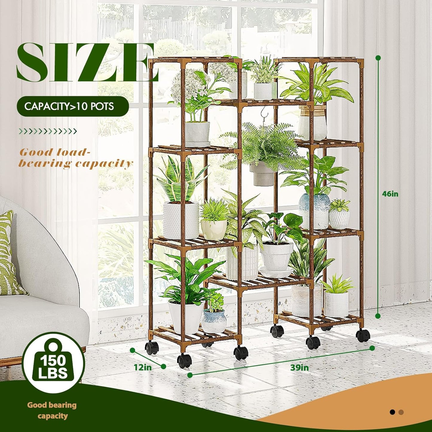 Plant Stand with Wheels Outdoor Indoor Hanging Plant Shelf for Multiple Plants Tall Large Holder for Living Room Patio Balcony Garden Corner Mobile
