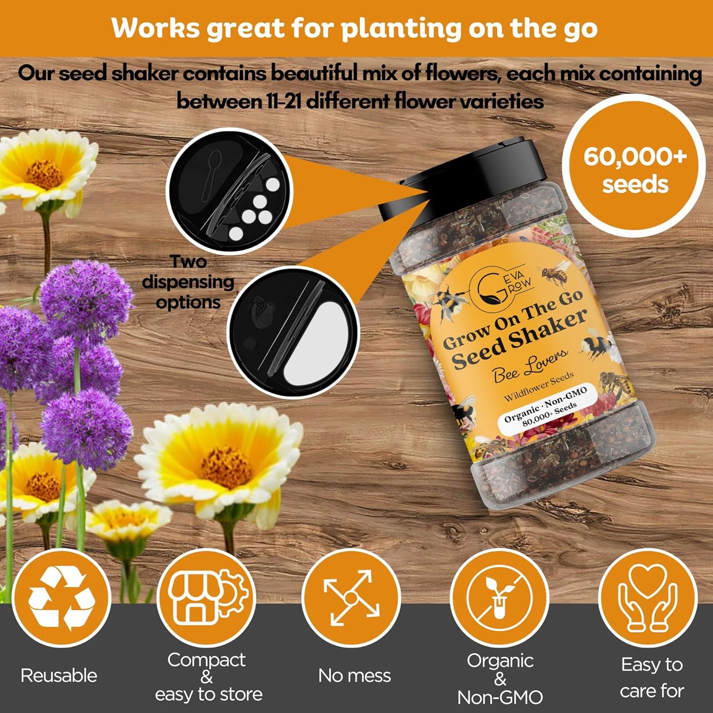 Mini Wildflower Seed Shaker - Save The Bees Seed Mix, by GevaGrow | 80,000+ Seeds | Pollinator & Bee Attracting Flower Seeds Bulk for Planting in Pots & Outdoor Gardens | 2 Ounce