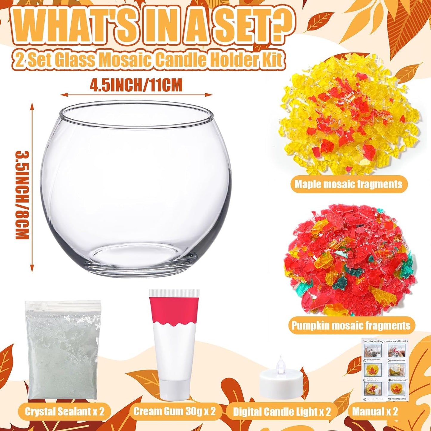 2 Set Glass Mosaic Candle Holder Kit Include Tea Light Holder, Glass Mosaic Tiles DIY Crafts Creativity Handmade Artwork for Adults Home Lighting Decor(Autumn Theme)