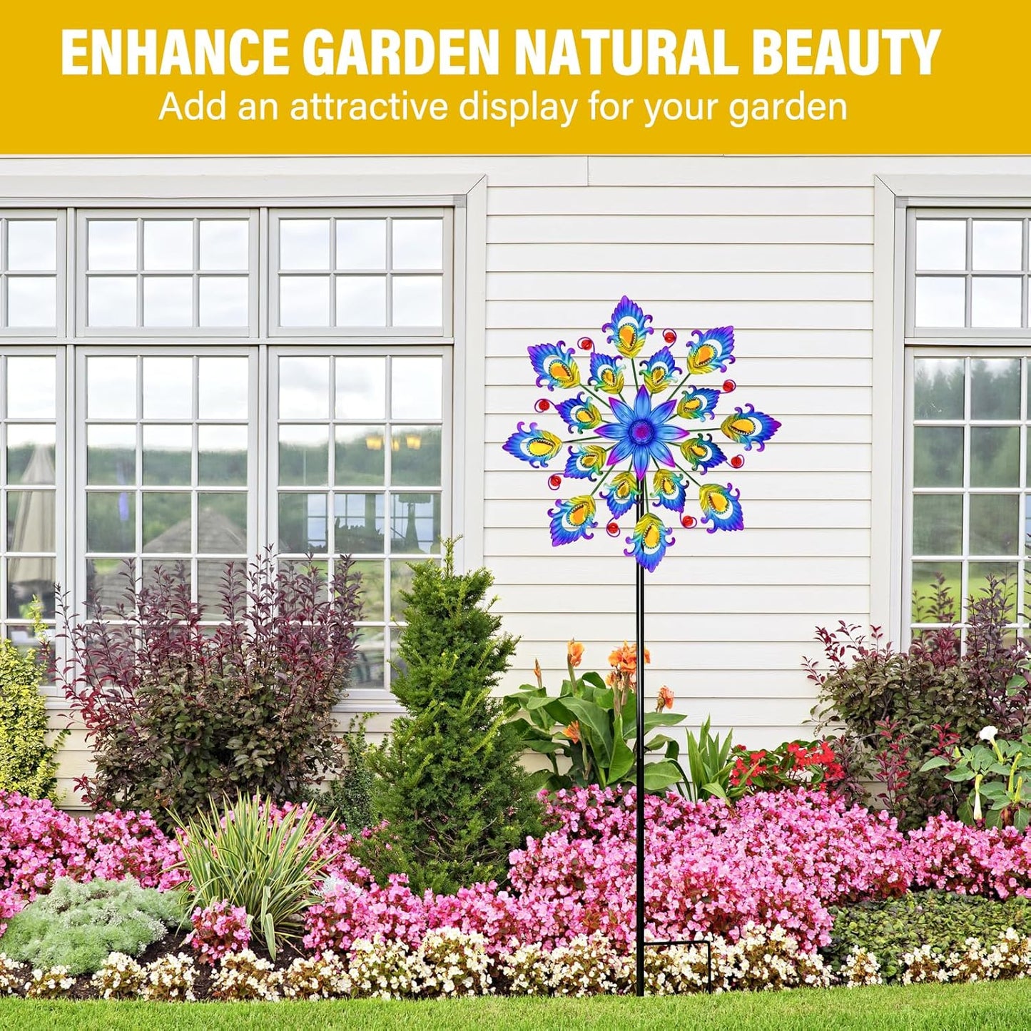 45" Feathers Wind Spinners for Yard and Garden, 16pcs Peacock Feathers Kinetic Outdoor Decor, Wind Sculpture Yard Art Decorations for Patio, Lawn