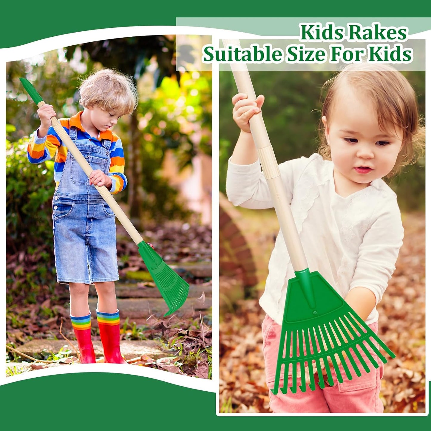 Therwen 8 Pcs Kids Rake 31" Child Size Plastic Lawn Rakes for Leaves Small Rake with Plastic Head and Wooden Handle Toddler Kid Gardening Tools for Leaves Gardening Camping(Green)